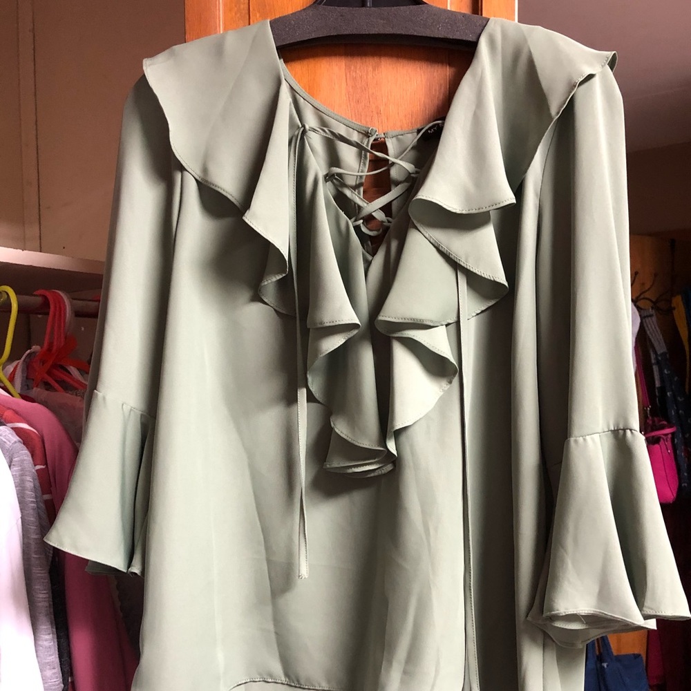 Green Ruffle Sleeve Blouse